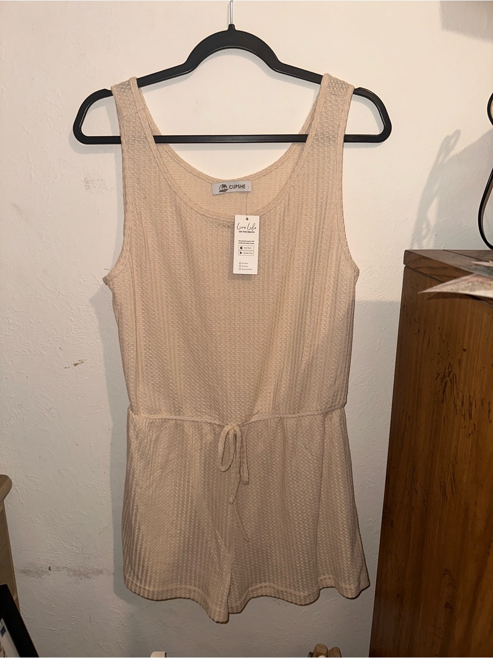 Cupshe Cream Textured Tank Romper with Drawstring Waist